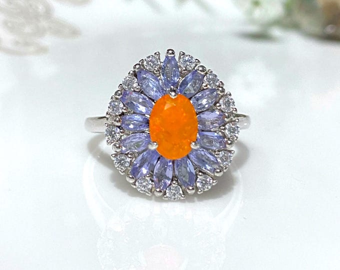 Vintage Sterling Silver Natural Orange Opal, Tanzanite & White Topaz Ring Size 8