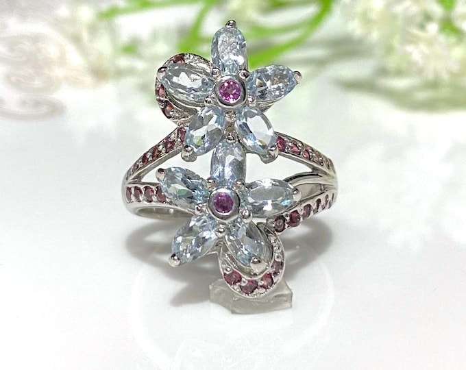 Vintage Sterling Silver Natural Aquamarine & Rhodolite Flowers Ring Size 7.5