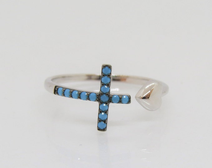 Vintage Sterling Silver Turquoise Cross & Heart Adjustable Ring Size 9