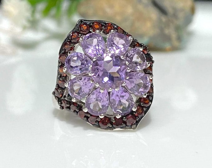 Vintage Sterling Silver Natural Amethyst & Garnet Flower Ring Size 7