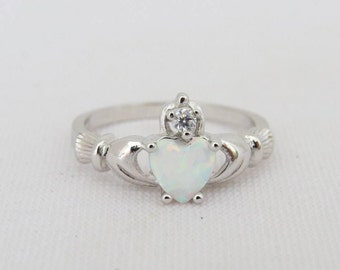 Vintage Claddagh Sterling Silver White Opal & White Topaz Ring Size 6