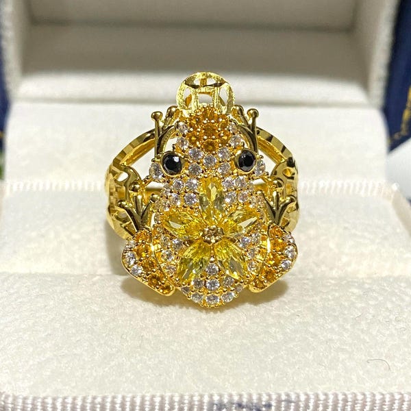 Vintage 15K Gold Frog Ring Citrine, Topaz & Sapphire Floral Design, Size 8.25