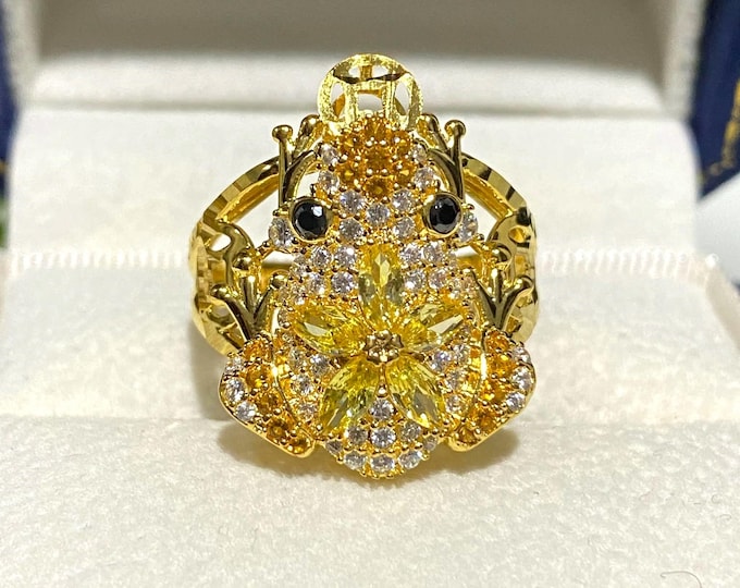 Vintage 15K 610 Solid Yellow Gold Citrine & White Topaz Black Sapphire Eye's Frog Flower Ring Size 8.25
