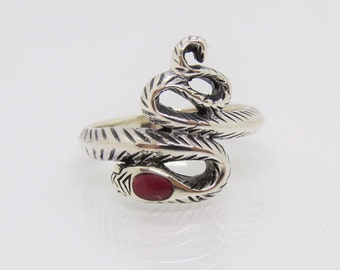 Vintage Sterling Silver Red Coral Snake Ring Size 5