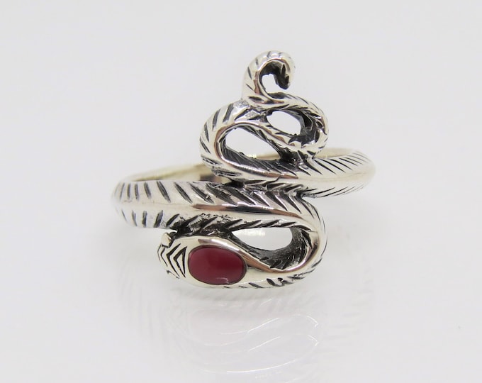 Vintage Sterling Silver Red Coral Snake Ring Size 7.5