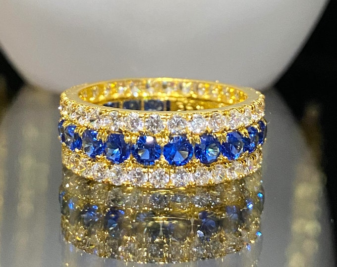 Vintage 15K 610 Solid Yellow Gold Blue Sapphire & White Topaz Band Ring Size 8