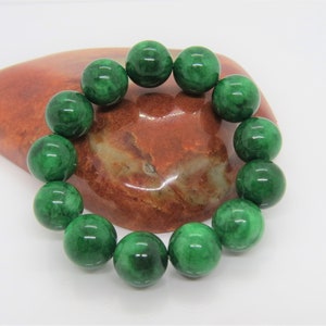 Vintage Translucent Emerald Green Jadeite Jade Bead Unisex Bracelet 16MM