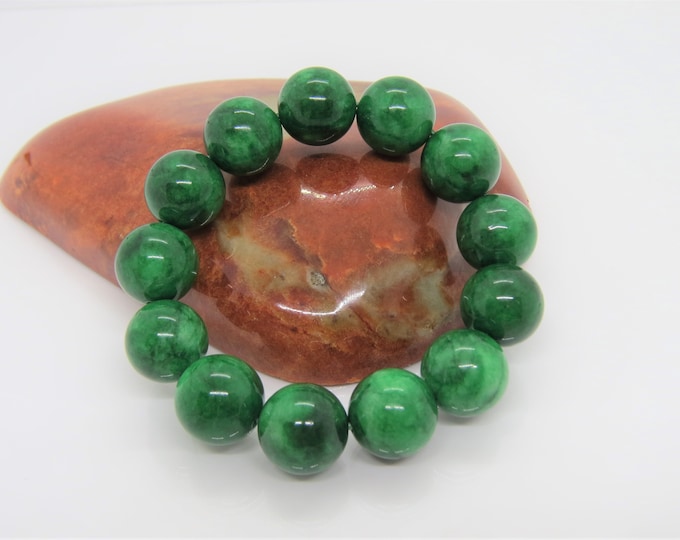 Vintage Translucent Emerald Green Jadeite Jade Bead Unisex Bracelet 16MM