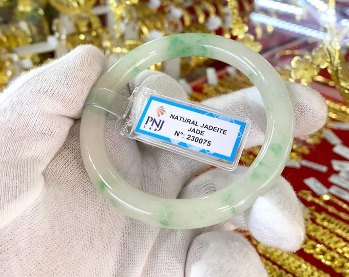 Vintage Translucent Natural Green & White Jadeite Jade Bangle Bracelet 55.4MM