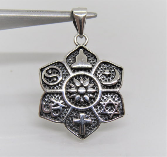 Vintage Sterling Silver religious symbols Pendant Gem