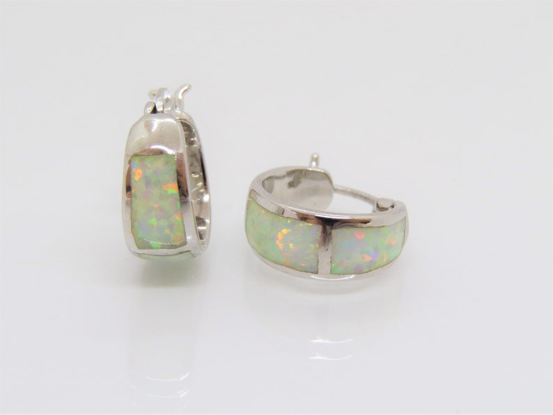 Vintage Sterling Silver White Opal Hoop Earrings