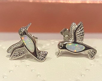 Sterling Silver White Opal Hummingbird Tiny Stud Earrings