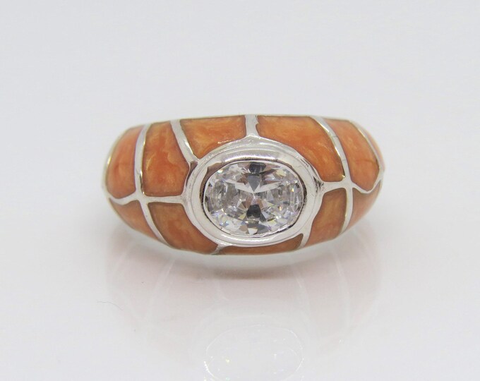 Vintage Sterling Silver White Topaz Enamel Dome Ring Size 8