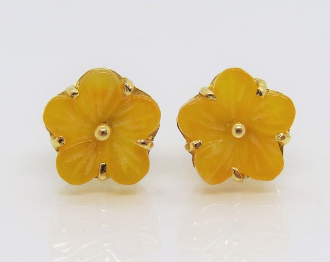 Vintage 18K Solid Gold Yellow Jadeite Jade Flower Earrings