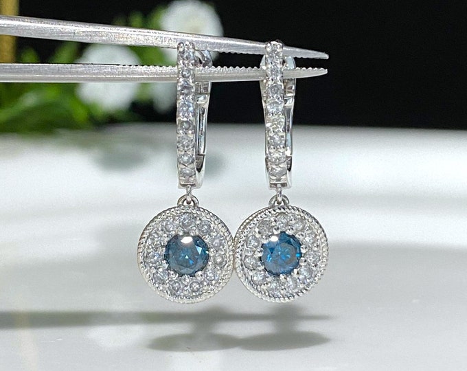 Vintage 14K 585 Solid White Gold Natural Blue & White Diamond Dangle Earrings.