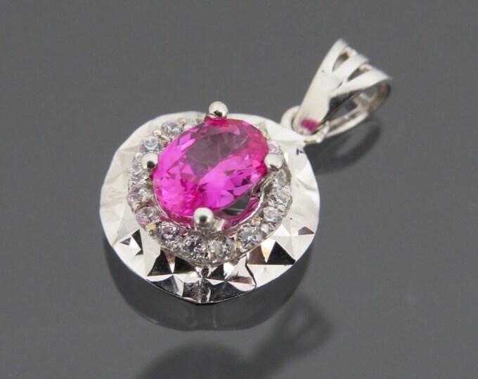 Vintage 18K Solid White Gold 1ct Pink Sapphire & White Topaz Pendant