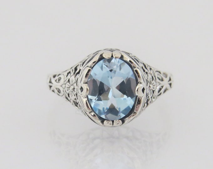 Vintage Sterling Silver Oval Aquamarine Filigree Ring Size 9