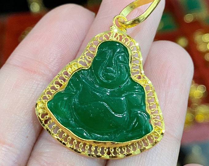 Vintage 24K 980 Solid Gold Green Jadeite Jade Laughing Buddha, Happy Buddha Pendant.