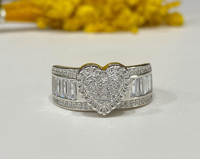 Sterling Silver Heart White Topaz Pave Ring Size 10
