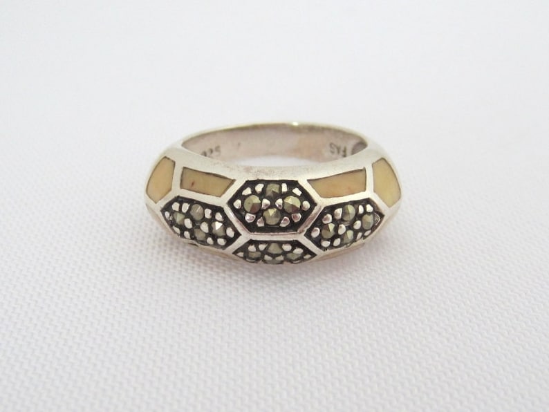 Vintage Sterling Silver Marcasite Inlay MOP Dome Ring Size 6.25