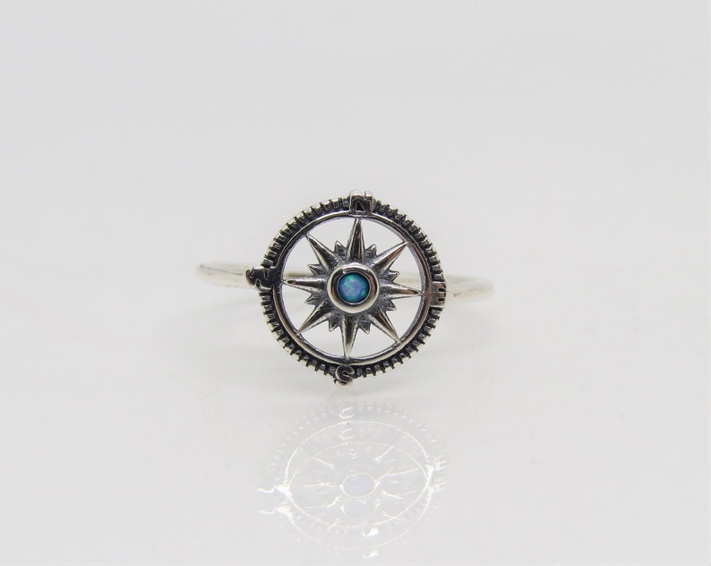 Vintage Sterling Silver Blue Opal Compass Ring Size 8