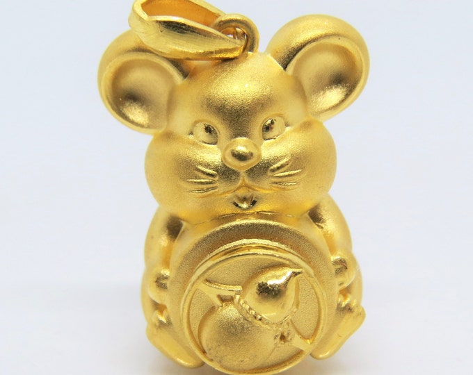 999 Pure 24k Gold 3D Rat, Mouse Zodiac Spinning Vintage Pendant