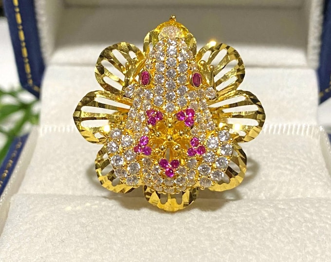 Vintage 15K 610 Solid Yellow Gold Ruby, Citrine & White Topaz Ruby Eye's Frog Flower Ring Size 6.5