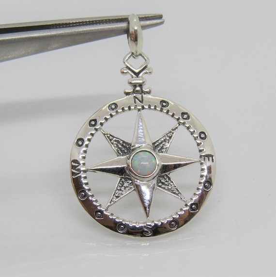 Vintage Sterling Silver White Opal Compass Pendant