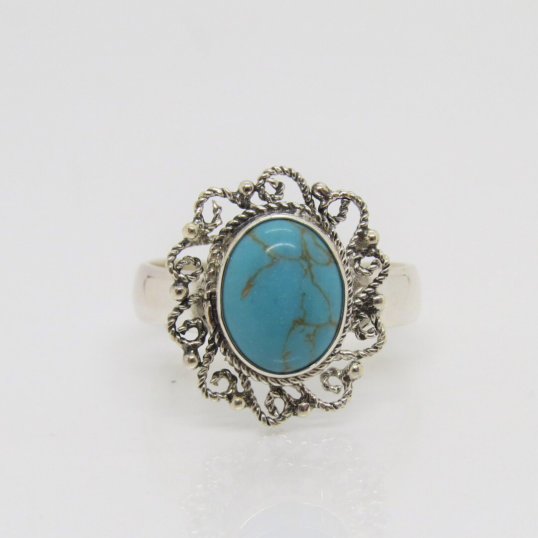 Vintage Tribal Sterling Silver Turquoise Filigree Ring Size 9.5 - Etsy