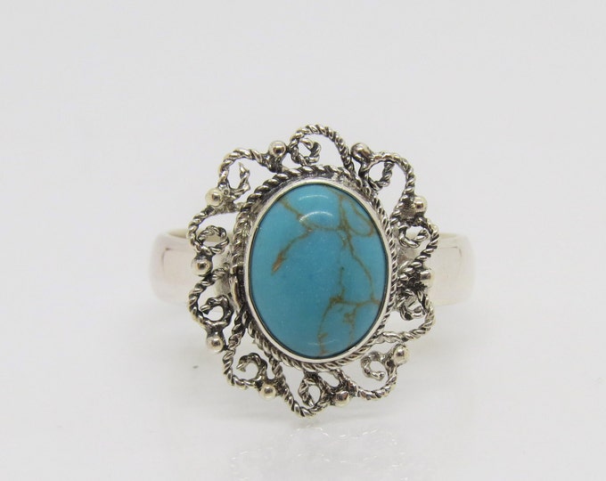 Vintage Tribal Sterling Silver Turquoise Filigree Ring Size 9.5