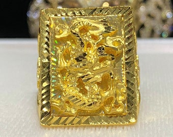 980 23K Solid Gold Dragon Rectangle Vintage Heavy Gold Ring Size 9