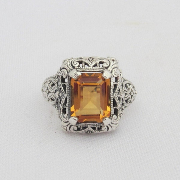 Vintage Sterling Silver Emerald cut Citrine Filigree Ring Size 6