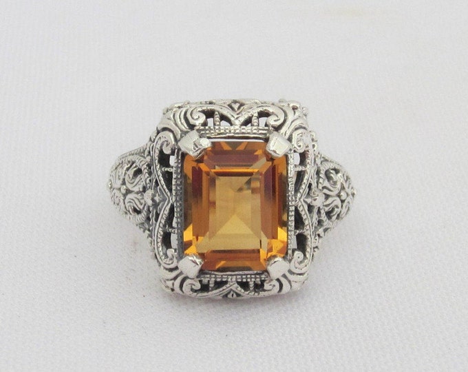 Vintage Sterling Silver Emerald cut Citrine Filigree Ring Size 6