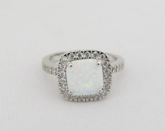 Vintage Sterling Silver White Opal & White Topaz Halo Ring Size 10