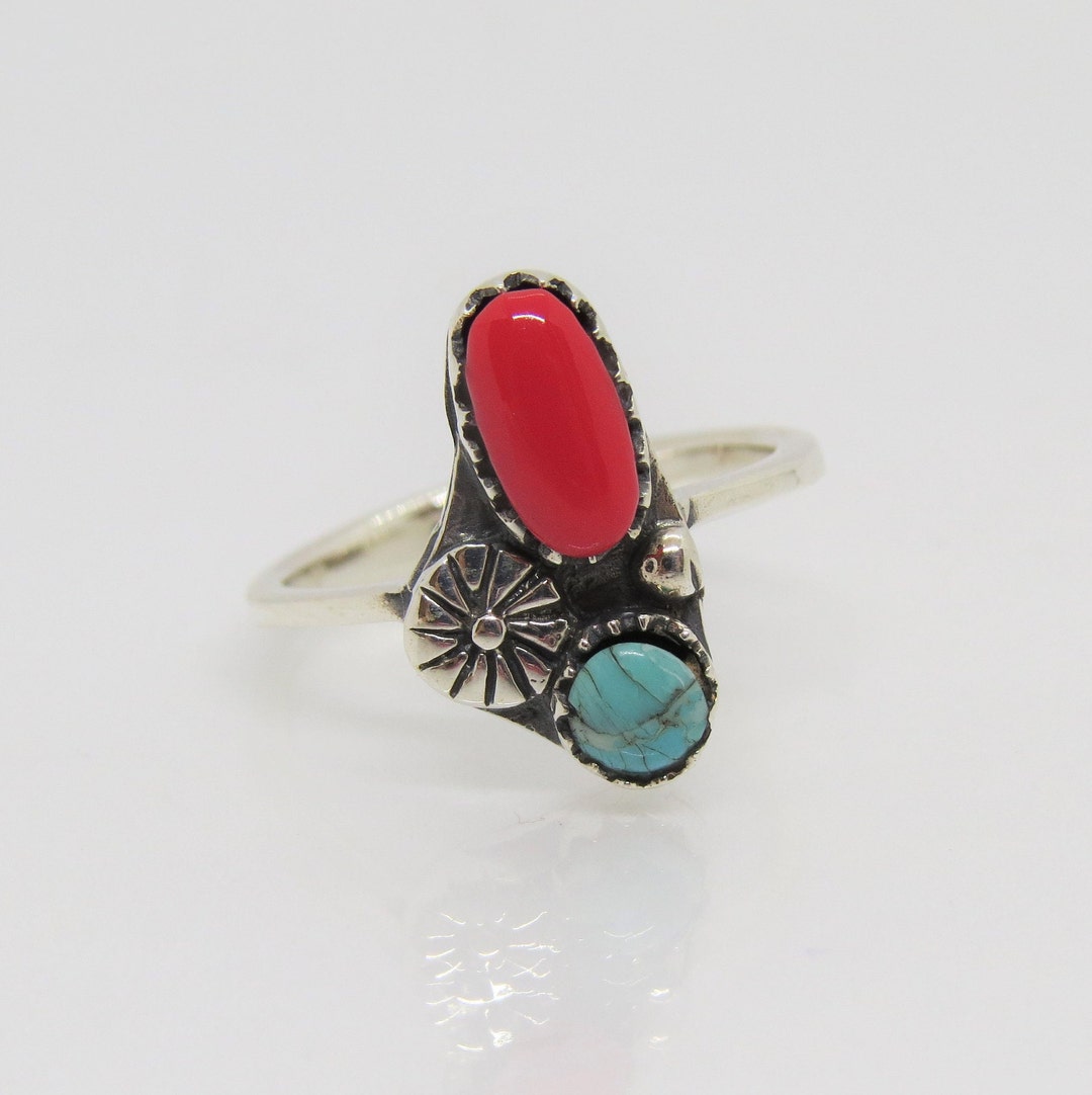Vintage Southwestern Sterling Silver Turquoise & Red Coral Ring 7 - Etsy
