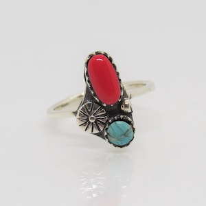 Vintage Southwestern Sterling Silver Turquoise & Red Coral Ring 7