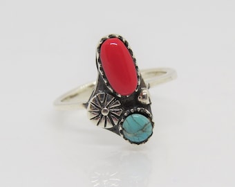 Vintage Southwestern Sterling Silver Turquoise & Red Coral Ring 7