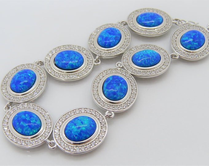 Vintage Sterling Silver Oval Blue Opal & White Topaz Link Bracelet 8''