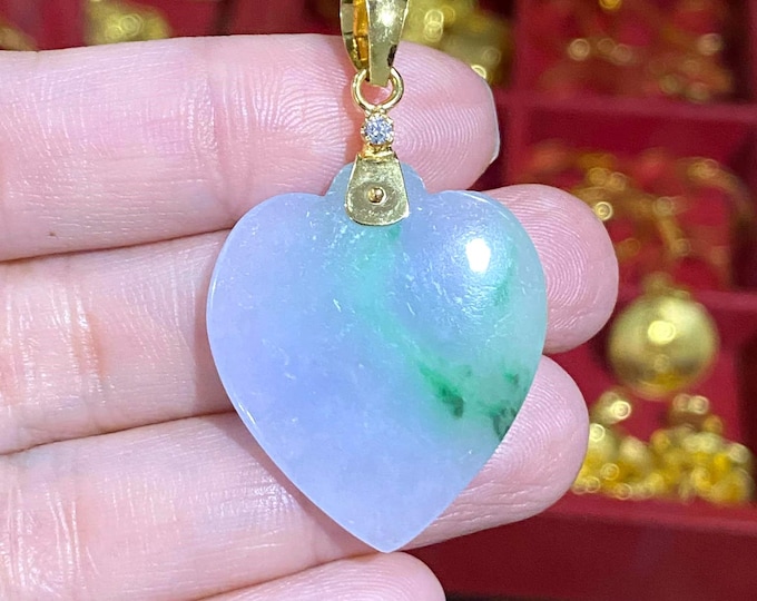 Vintage 14K Solid Yellow Gold Green, Lavender Jadeite Jade White Topaz Heart Pendant.