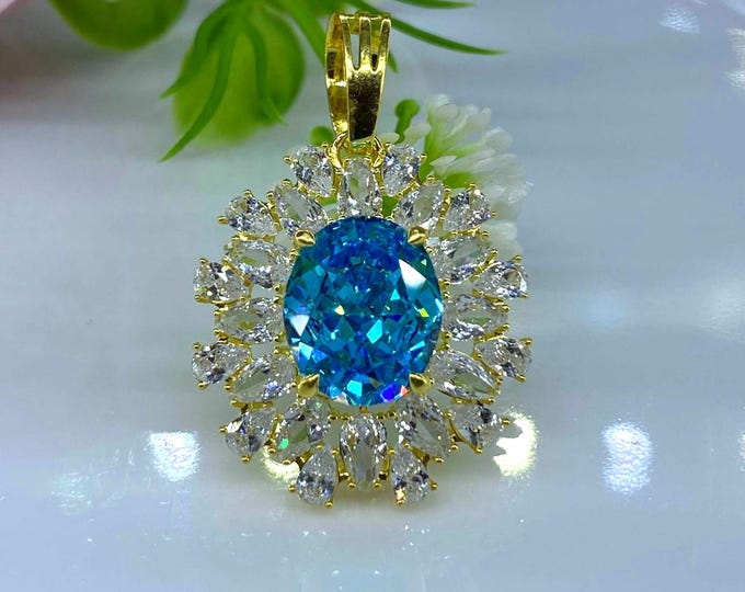 Vintage 15K 610 Solid Gold Oval cut Blue Topaz & White Topaz Pendant.
