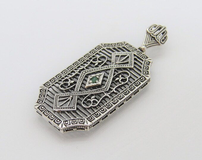 Vintage Sterling Silver Natural Emerald Filigree Pendant