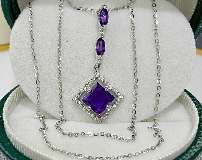 Vintage Sterling Silver Natural Amethyst & White Topaz Pendant Chain 17''