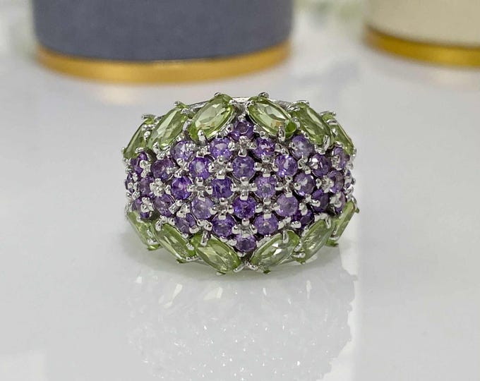 Vintage Sterling Silver Natural Peridot & Amethyst Dome Ring Size 8