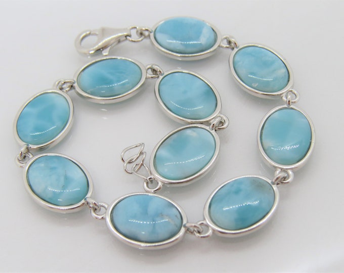 Vintage Sterling Silver Natural Oval Larimar Link Chain Bracelet 7 1/2''