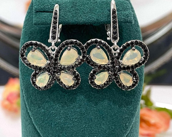 Vintage Sterling Silver Natural Fire Opal & Black Sapphire Butterfly Earrings.