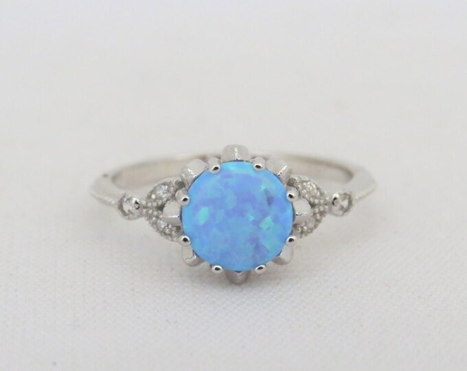 Vintage Sterling Silver Blue Opal & White Topaz Ring Size 7