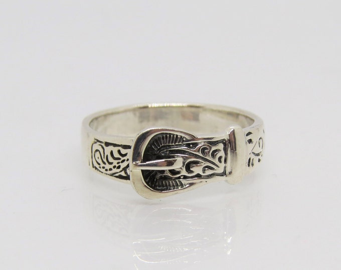 Sterling Silver Belt Buckle Carved Ring Size 7.5