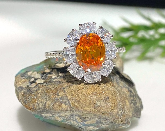 Vintage Sterling Silver Oval cut Orange Sapphire & White Topaz Ring Size 9.5