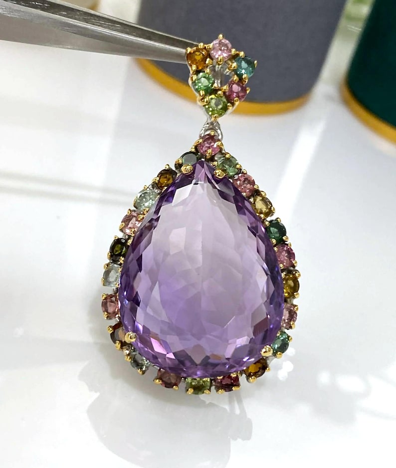 Vintage Sterling Silver Pear Cut 54cts Natural Amethyst & Tourmaline ...