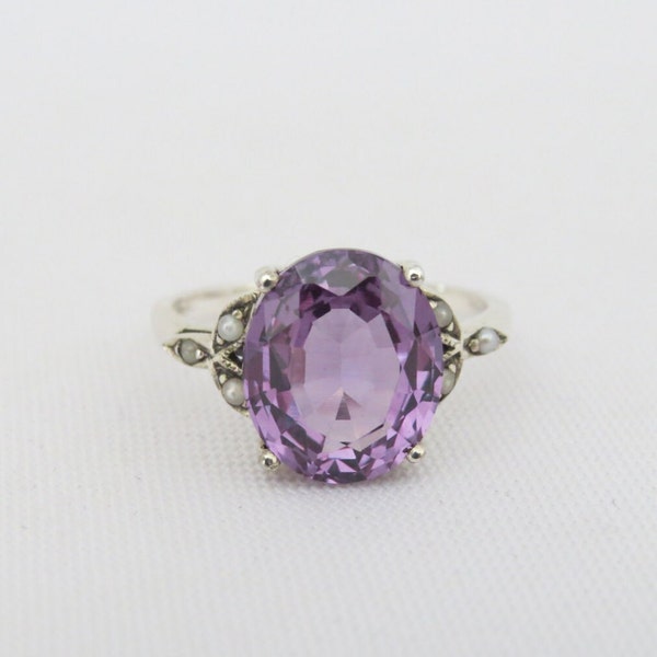 Vintage Sterling Silver Alexandrite & Seed Pearl Ring Size 7